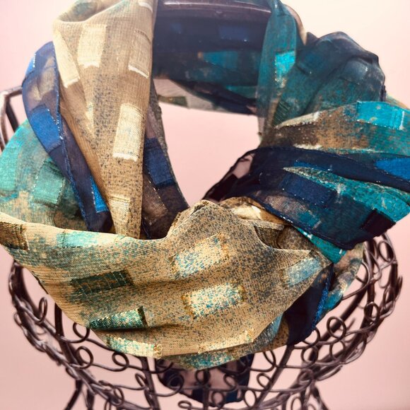 Vintage Modernist Geometric Scarf — Blue, Green & Gold Pattern - Picture 9 of 16